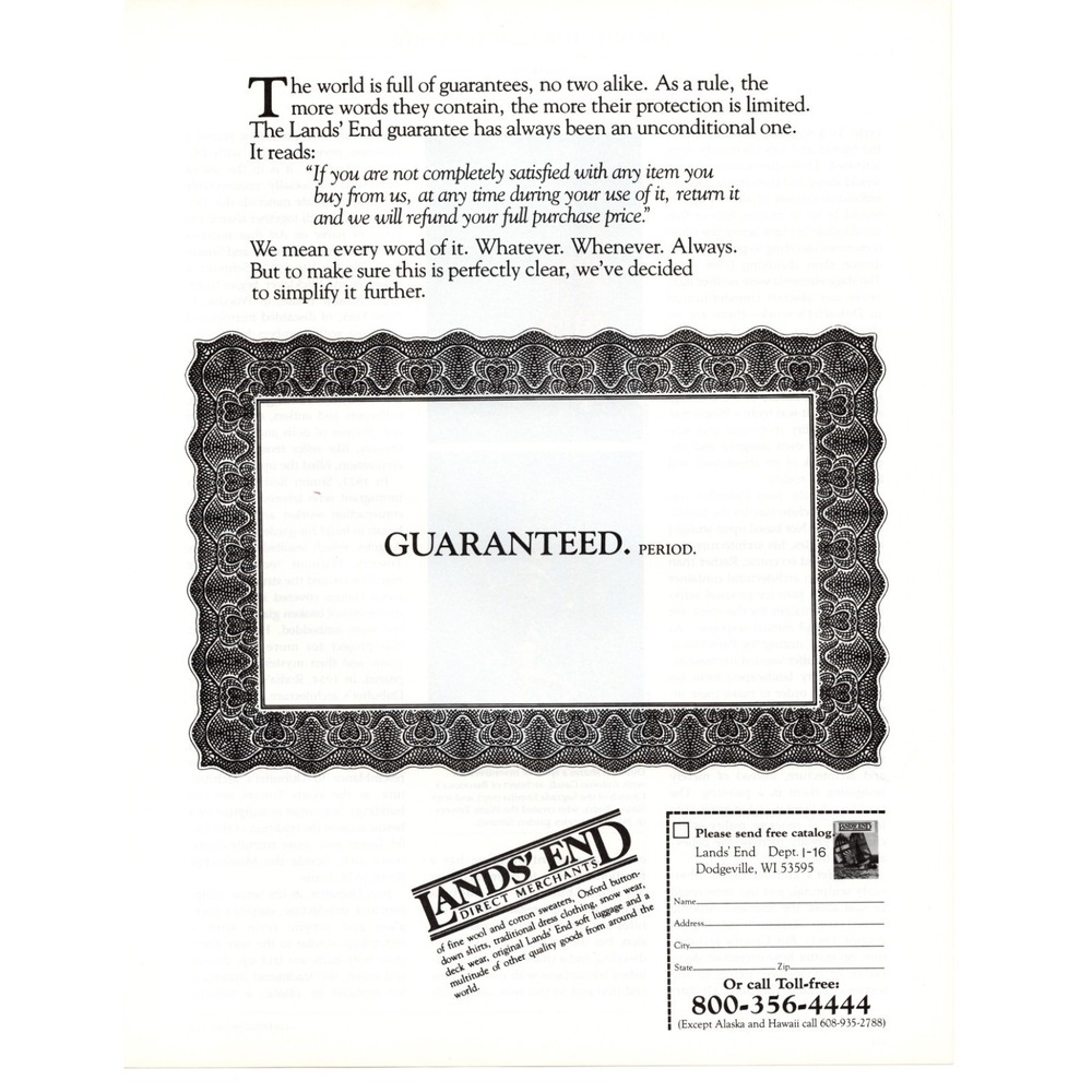 Lands' End 1984 Vintage Print Ad Guaranteed Period Direct Merchants Catalog Art